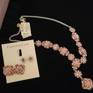Pink  Rose and CZ Necklace and Earrings